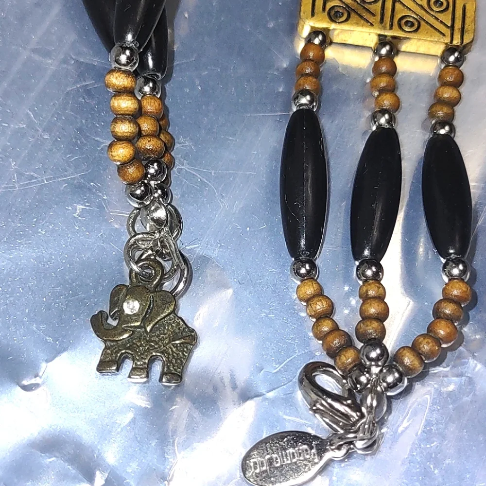 Tri-strand Black Beaded Wooden Beads Antique Gold Bracelet Elephant Charm